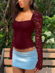 Lace Patchwork Square Collar Flare Sleeve T-Shirt Elegant Slim Fit Long Sleeve Cropped Top