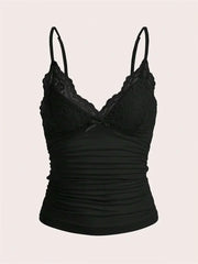 Sexy Contrast Lace Bow Front Crop Cami Top