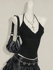 Halter Neck Solid Ruched V-Neck Back Tie Tank Top