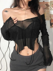 Sexy Lace Up V Neck Long Sleeve Black T Shirts
