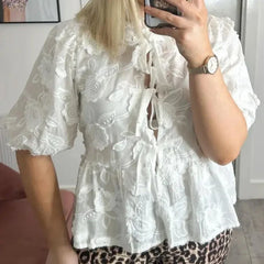 Floral Embroidery Bow Tie Front Babydoll Crop Tops