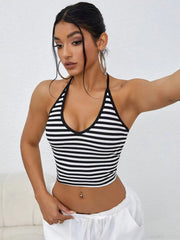 Sexy Casual Black White Stripe Halter Crop Top