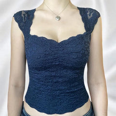 Y2K Fairycore Blue Floral Lace Milkmaid Tank Tops