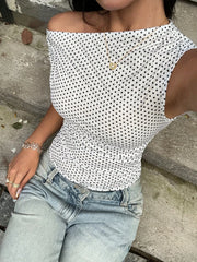 Women's Elegant Polka Dots One Shoulder Pleating Waist Crop Top