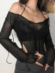 Sexy Lace Up V Neck Long Sleeve Black T Shirts