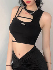 Hollow Out Black Y2K Tees Sleeveless Skinny Tops