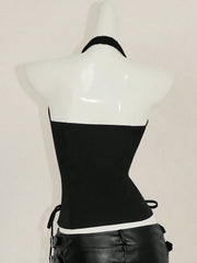 Gothic Zippered Front Opening Slim Fit Side Tie-Strap Backless Crop Top