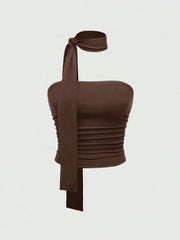 Women's Casual Slim Fit Pleating Waist Neck Belt Off Shoulder Bandeau Top