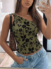 Floral Flocked Mesh One Shoulder Crop Top