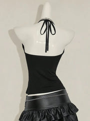 Halter Neck Solid Ruched V-Neck Back Tie Tank Top