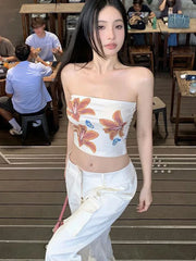 Chest Wrap Tank Camis White Slim Street Flower Print Sexy Crop Tops