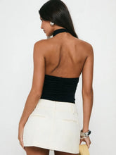 Solid Color Backless Sleeveless Halter Neck Draped Neck Fitted Pleated Crop Top