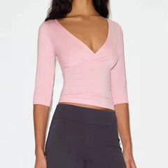 Wrap V Neck 3/4 Sleeve Crop Top