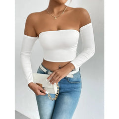 Women's Off Shoulder Long Sleeve Crop Top