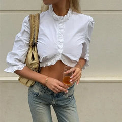 Ruffle Mock Neck Button Front Crop Tops