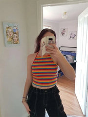 Rainbow Rib-knit Striped Halter Top