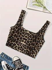 Leopard Print Square Neck Crop Tank Top