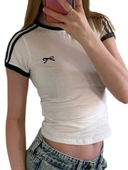 Contrast Embroidered Bow Crop Top