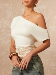 One Shoulder Lace Hem Fitted Crop Top