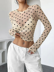 Womens Polka Dots Long Sleeve Mesh Tops