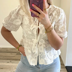 Floral Embroidery Bow Tie Front Babydoll Crop Tops