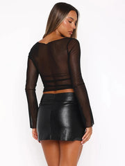 New Long Sleeve Mesh Sheer Waist Exposing Top