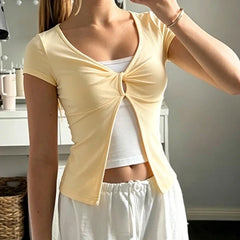 Y2K Twist Knot Front Short Sleeve Cropped Top