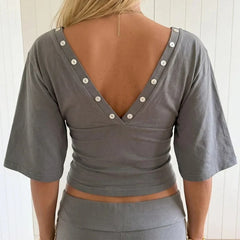 Button Deep V Neck Crop Top
