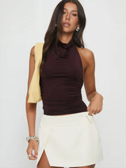 Halter Neck Draped Neck Fitted Pleated Crop Top
