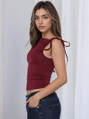 Sleeveless Skew Collar Ruched Lace Up Bodycon Crop Top