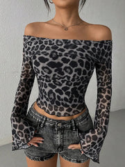 Leopard Off Shoulder Female Versatile Knitted Tees