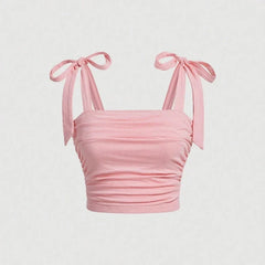 Solid Tie Shoulder Ruched Wide Strap Slim Fit Crop Top