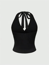 Solid V-neck Backless Halter Crop Top