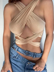 Strappy Cross Over Front Cut Out Halter Neck Sleeveless Backless Wrap Crop Top