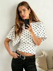Round Neck Pleating Polka Dots Dolman Sleeve Crop Top