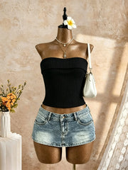 Black Ribbed Knit Strapless Bandeau Top