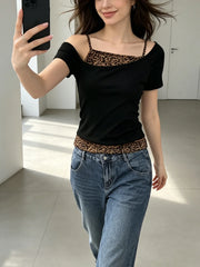 Leopard Print Asymmetric Fake Two Piece Crop T Shirt
