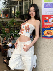 Chest Wrap Tank Camis White Slim Street Flower Print Sexy Crop Tops