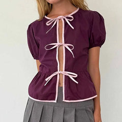 Front Bowknot Blouses Tees Ruffle Hem Crop Tops