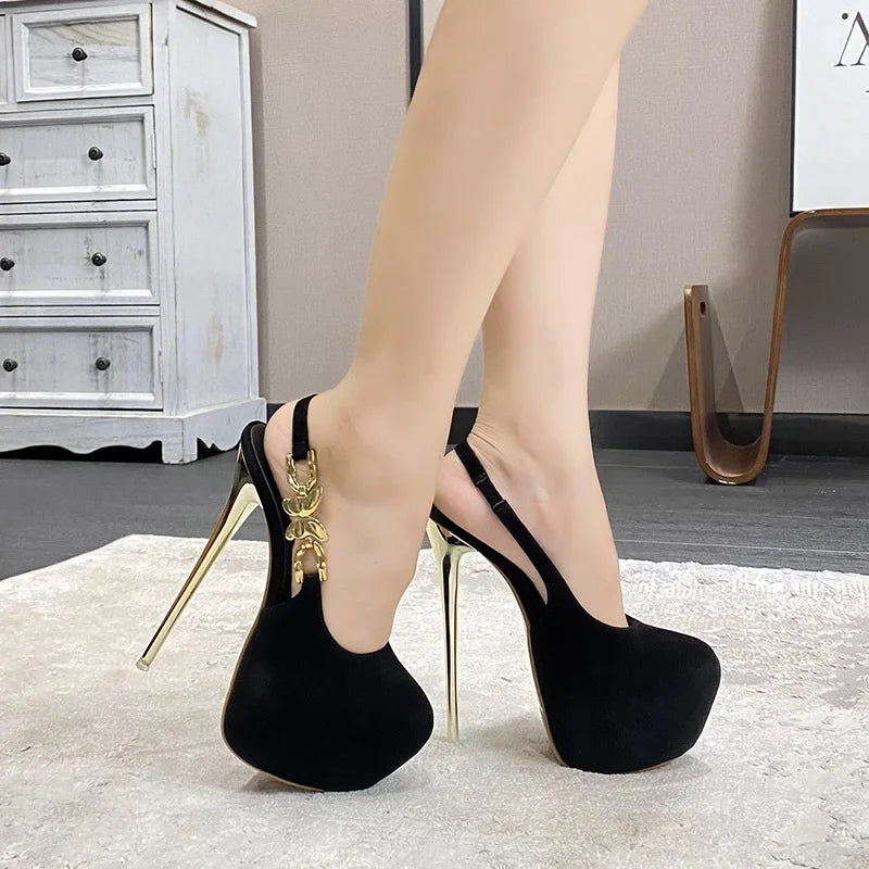 Stylish 16CM Thin High Heel Women's Banquet Prom Waterproof Bow Metal Buckle High Heel