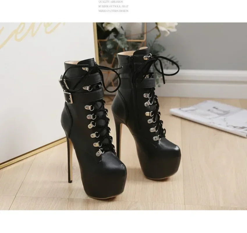16cm Thin high heel modern metal buckles mid-calf round toes High Heel
