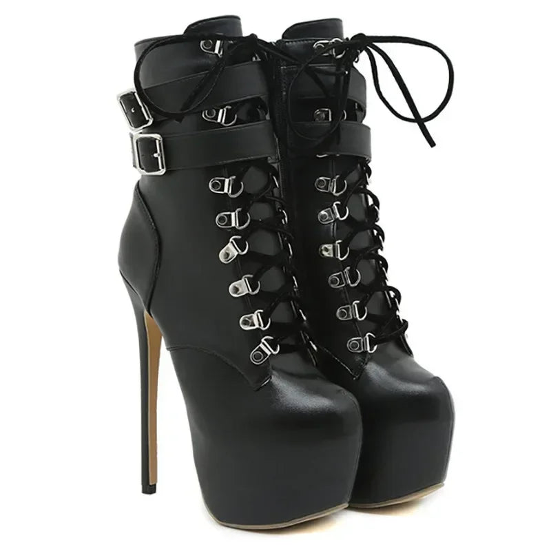 16cm Thin high heel modern metal buckles mid-calf round toes High Heel