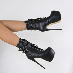 16cm Thin high heel modern metal buckles mid-calf round toes High Heel