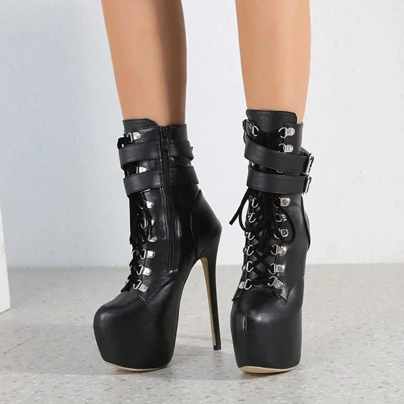 16cm Thin high heel modern metal buckles mid-calf round toes High Heel