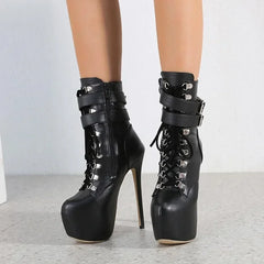 16cm Thin high heel modern metal buckles mid-calf round toes High Heel