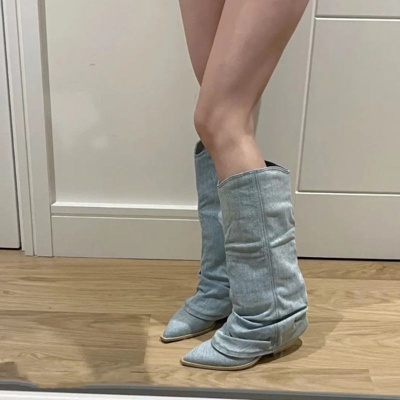 Daring Denim Drape Boots