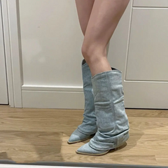 Daring Denim Drape Boots