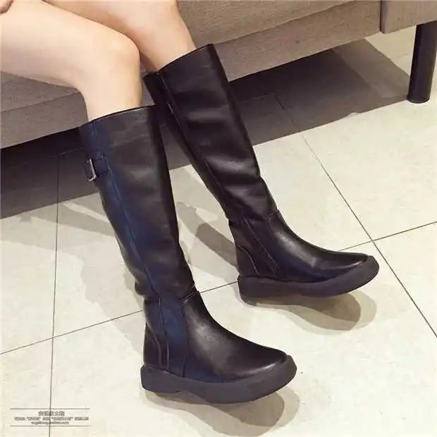 Zipper Solid Casual Fleeces Leather Flat Knee High Boots
