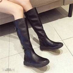 Zipper Solid Casual Fleeces Leather Flat Knee High Boots