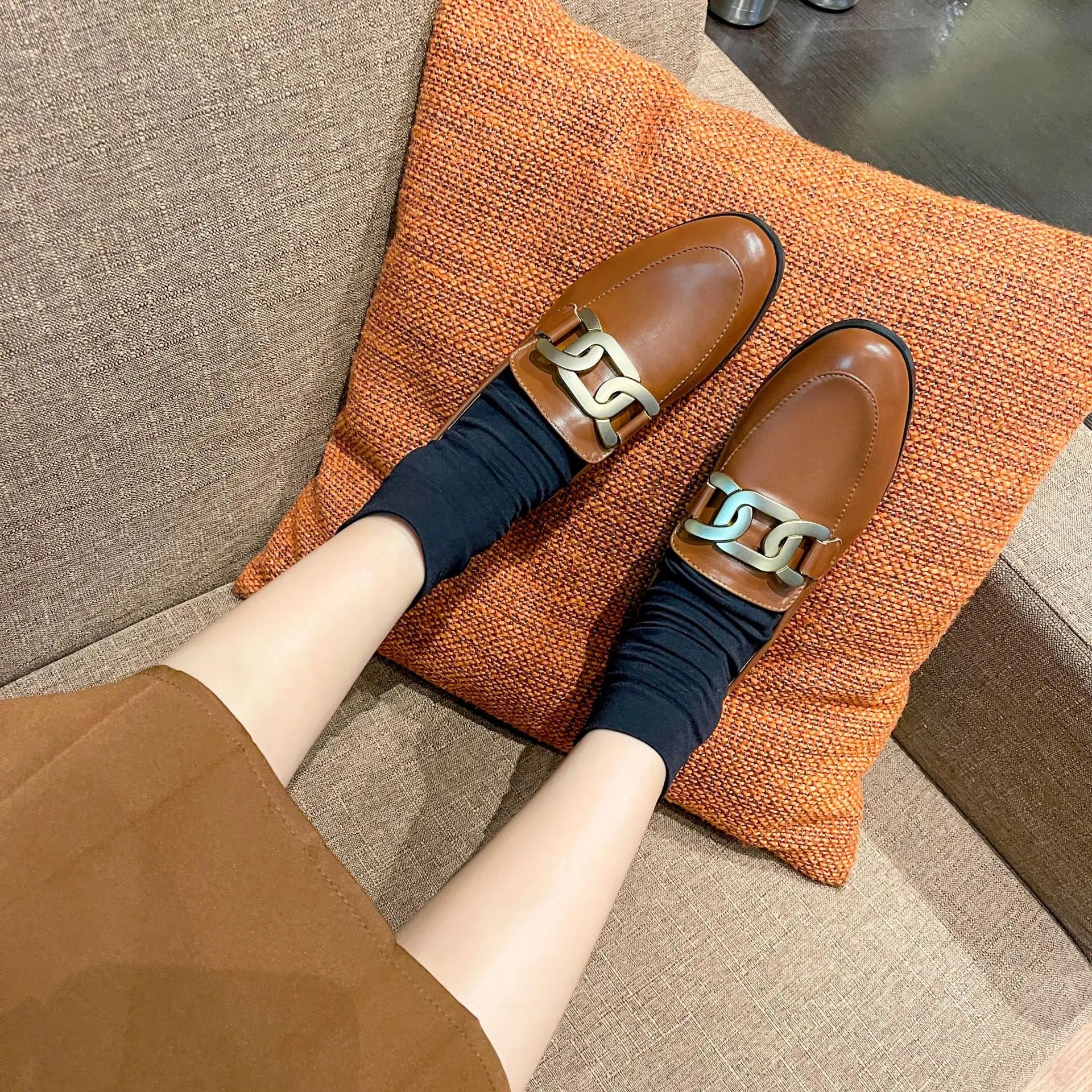 Metal Chain Plush Leather Round Toe Plus Size Autumn Moccasins Loafers